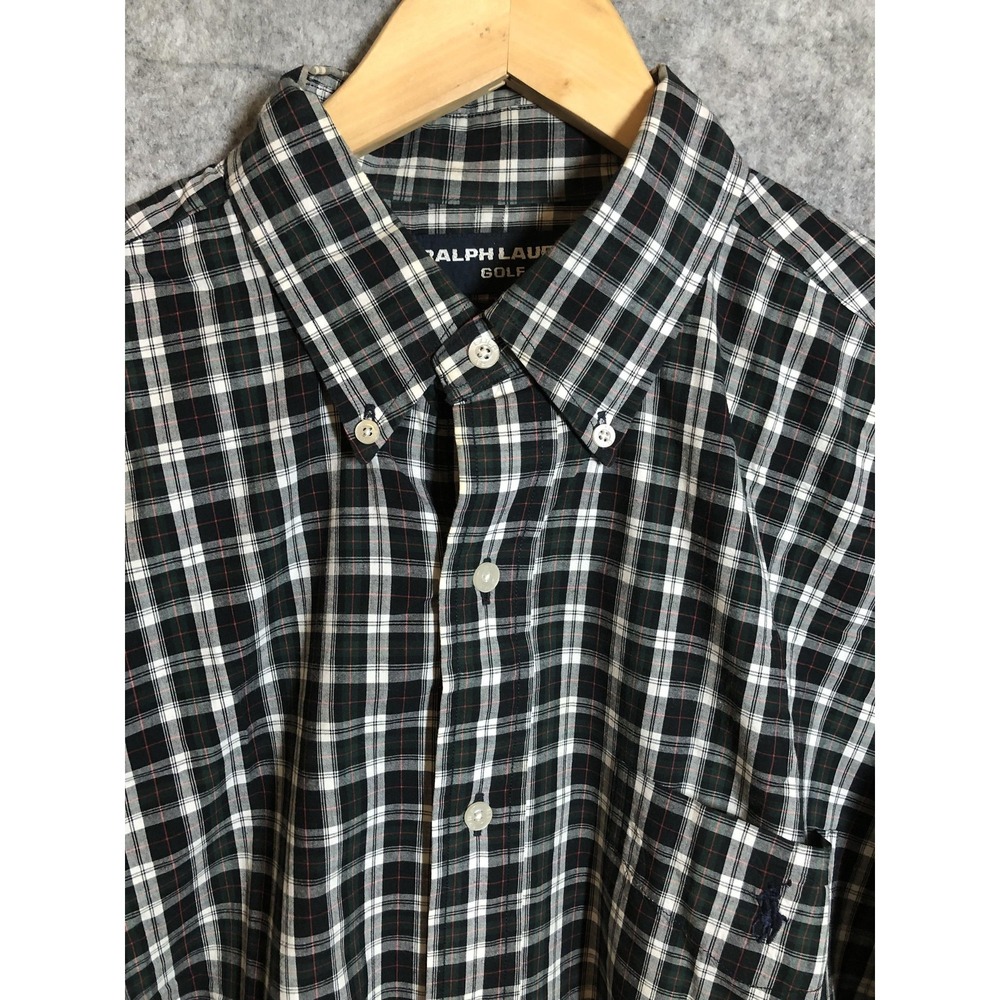 Ralph Lauren Golf Shirt Mens Large Green Black Plaid Cotton‎ Tilden Button Down